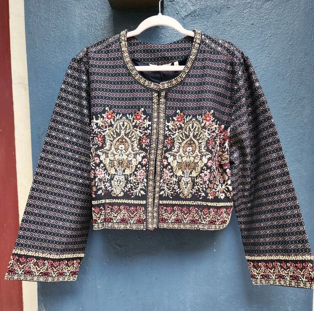 Boho Bohemian Lagenlook Soft Surroundings 2X Navy Beaded Jacket Plus Size Artsy